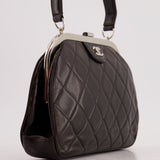 Vintage Black Quilted Top Handle Bag with Silver Hardware