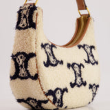 Celine Cream Ava Bag in Shearling with Brown Leather Strap and Gold Hardware Bag