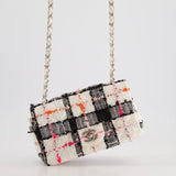 Chanel White Tweed Mini Rectangular Single Flap Bag with Black & White Details and Silver Hardware