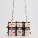 Chanel White Tweed Mini Rectangular Single Flap Bag with Black & White Details and Silver Hardware