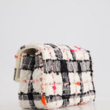 Chanel White Tweed Mini Rectangular Single Flap Bag with Black & White Details and Silver Hardware