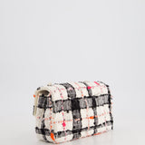 Chanel White Tweed Mini Rectangular Single Flap Bag with Black & White Details and Silver Hardware