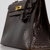 *FIRE PRICE* Hermès Kelly Vintage Sellier 32cm Bag in Chocolate Shiny Niloticus Crocodile Leather with Gold Hardware