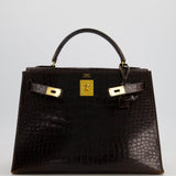 *FIRE PRICE* Hermès Kelly Vintage Sellier 32cm Bag in Chocolate Shiny Niloticus Crocodile Leather with Gold Hardware