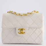 Chanel Vintage White Mini Square Bag in Lambskin Leather with 24K Gold Hardware