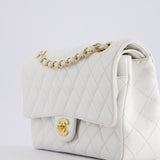 Chanel White Medium Classic Double Flap in Caviar Leather with Gold Hardware