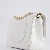 Chanel White Medium Classic Double Flap in Caviar Leather with Gold Hardware