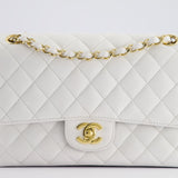 Chanel White Medium Classic Double Flap in Caviar Leather with Gold Hardware