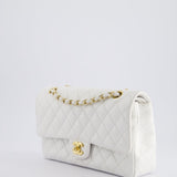 Chanel White Medium Classic Double Flap in Caviar Leather with Gold Hardware