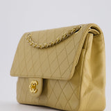 Chanel Vintage Chai Beige Classic Medium Stitched Edge Double Flap Bag in Lambskin Leather with 24K Gold Hardware