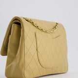 Chanel Vintage Chai Beige Classic Medium Stitched Edge Double Flap Bag in Lambskin Leather with 24K Gold Hardware