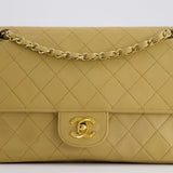 Chanel Vintage Chai Beige Classic Medium Stitched Edge Double Flap Bag in Lambskin Leather with 24K Gold Hardware