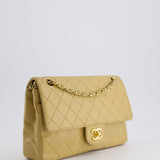 Chanel Vintage Chai Beige Classic Medium Stitched Edge Double Flap Bag in Lambskin Leather with 24K Gold Hardware