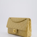 Chanel Vintage Chai Beige Classic Medium Stitched Edge Double Flap Bag in Lambskin Leather with 24K Gold Hardware