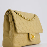 Chanel Vintage Chai Beige Classic Medium Stitched Edge Double Flap Bag in Lambskin Leather with 24K Gold Hardware