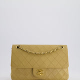 Chanel Vintage Chai Beige Classic Medium Stitched Edge Double Flap Bag in Lambskin Leather with 24K Gold Hardware