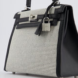 Hermès Kelly Sellier Bag 25cm in Ecru & Black Toile Quadrille with Black Swift Leather and Palladium Hardware