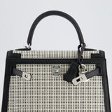 Hermès Kelly Sellier Bag 25cm in Ecru & Black Toile Quadrille with Black Swift Leather and Palladium Hardware