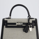 Hermès Kelly Sellier Bag 25cm in Ecru & Black Toile Quadrille with Black Swift Leather and Palladium Hardware