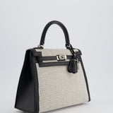 Hermès Kelly Sellier Bag 25cm in Ecru & Black Toile Quadrille with Black Swift Leather and Palladium Hardware