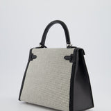 Hermès Kelly Sellier Bag 25cm in Ecru & Black Toile Quadrille with Black Swift Leather and Palladium Hardware