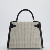 Hermès Kelly Sellier Bag 25cm in Ecru & Black Toile Quadrille with Black Swift Leather and Palladium Hardware