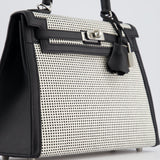 Hermès Kelly Sellier Bag 25cm in Ecru & Black Toile Quadrille with Black Swift Leather and Palladium Hardware