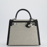 Hermès Kelly Sellier Bag 25cm in Ecru & Black Toile Quadrille with Black Swift Leather and Palladium Hardware