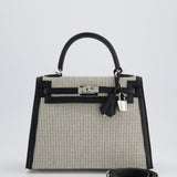 Hermès Kelly Sellier Bag 25cm in Ecru & Black Toile Quadrille with Black Swift Leather and Palladium Hardware