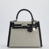 Hermès Kelly Sellier Bag 25cm in Ecru & Black Toile Quadrille with Black Swift Leather and Palladium Hardware