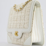 Chanel Small White Tweed and Aged Calfskin Flap Bag with Brushed Gold Hardware