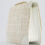 Chanel Small White Tweed and Aged Calfskin Flap Bag with Brushed Gold Hardware