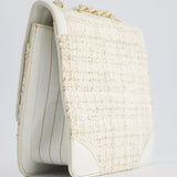 Chanel Small White Tweed and Aged Calfskin Flap Bag with Brushed Gold Hardware