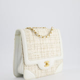 Chanel Small White Tweed and Aged Calfskin Flap Bag with Brushed Gold Hardware