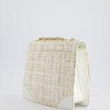 Chanel Small White Tweed and Aged Calfskin Flap Bag with Brushed Gold Hardware