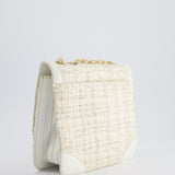 Chanel Small White Tweed and Aged Calfskin Flap Bag with Brushed Gold Hardware