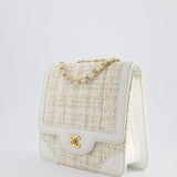 Chanel Small White Tweed and Aged Calfskin Flap Bag with Brushed Gold Hardware