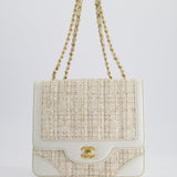 Chanel Small White Tweed and Aged Calfskin Flap Bag with Brushed Gold Hardware