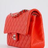 Chanel Scarlet Red Medium Classic Double Flap Bag in Lambskin Leather with Silver Hardware