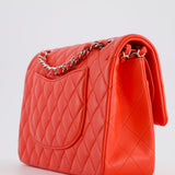 Chanel Scarlet Red Medium Classic Double Flap Bag in Lambskin Leather with Silver Hardware