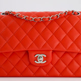 Chanel Scarlet Red Medium Classic Double Flap Bag in Lambskin Leather with Silver Hardware