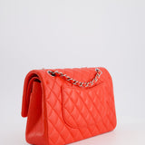 Chanel Scarlet Red Medium Classic Double Flap Bag in Lambskin Leather with Silver Hardware