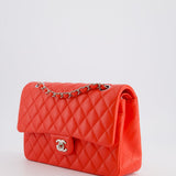 Chanel Scarlet Red Medium Classic Double Flap Bag in Lambskin Leather with Silver Hardware