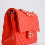 Chanel Scarlet Red Medium Classic Double Flap Bag in Lambskin Leather with Silver Hardware