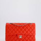 Chanel Scarlet Red Medium Classic Double Flap Bag in Lambskin Leather with Silver Hardware