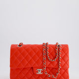 Chanel Scarlet Red Medium Classic Double Flap Bag in Lambskin Leather with Silver Hardware