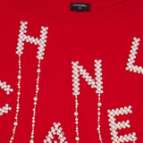 Chanel Red Cashmere Jumper with Pearl Crystal Embellished Logo Size FR 40 (UK 12)