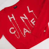 Chanel Red Cashmere Jumper with Pearl Crystal Embellished Logo Size FR 40 (UK 12)