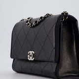 Chanel Black Matelasse Crumpled Calfskin Leather Flap Bag With Silver Hardware and Grosgrain Fabric Detailing