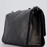 Chanel Black Matelasse Crumpled Calfskin Leather Flap Bag With Silver Hardware and Grosgrain Fabric Detailing